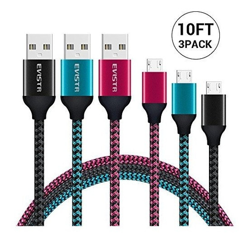 Cable Micro Usb Del Telefono Celular, Evistr 3pack 10ft Cabl