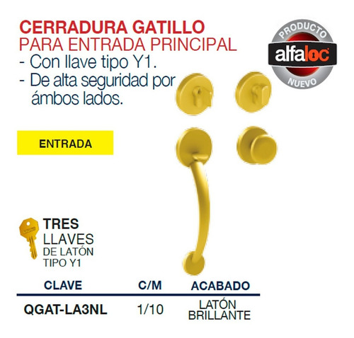 Cerradura Gatillo Entrada Principal Latón Brillante Alta Seg Color Dorado