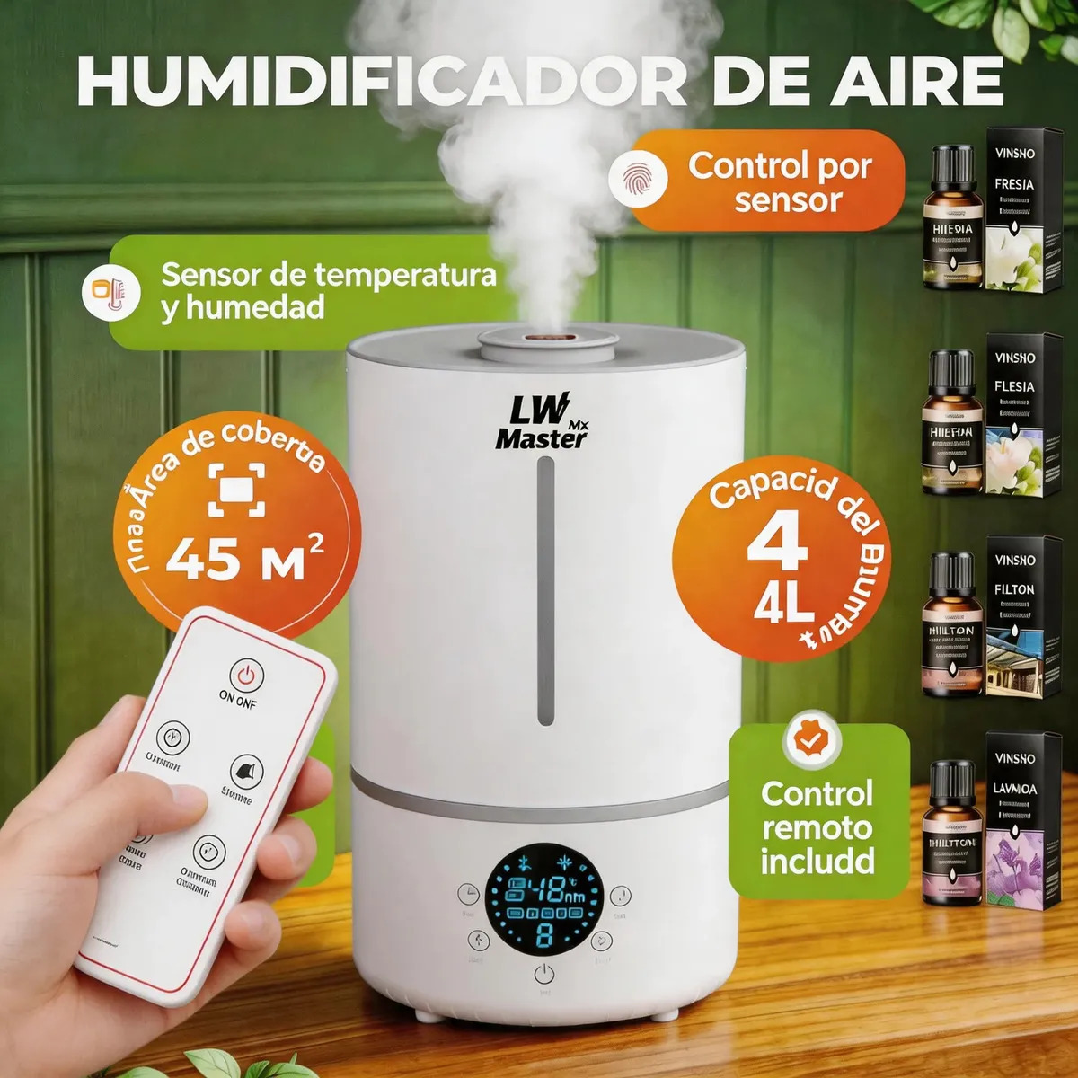 Humidificador y Difusor de Aceites Esenciales LWMaster de 4L, con Control Remoto, Luz UV y Apagado Automático