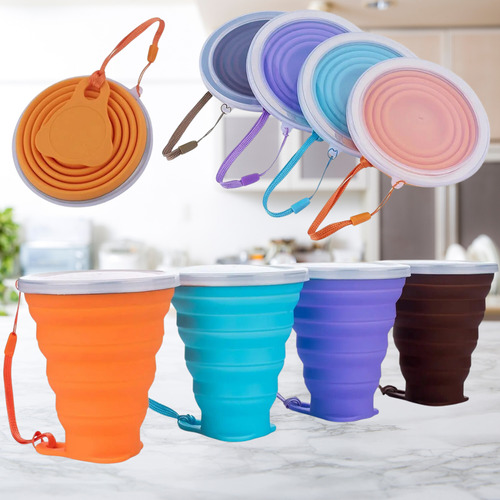 100 Taza Vaso Silicona Plegable Tapa Y Correa Portátil 270ml