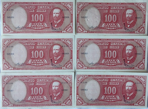 6 Billetes Chile 100 Pesos Correlativos Remarcados (bb79