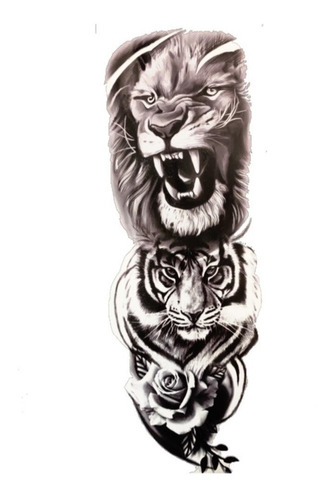 Tatuagem Braço Todo Leão Tigre Rosas 46x15 Removível 