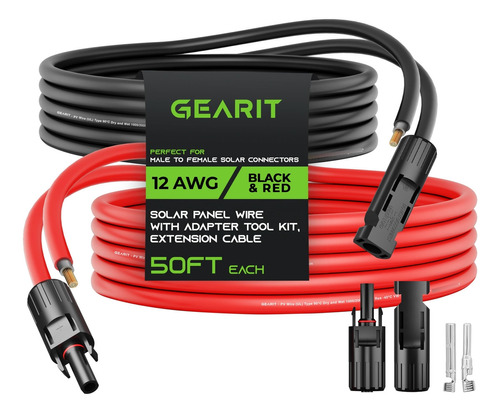 Gearit Cable Extension Solar 12awg 50 Pie Negro Rojo Macho