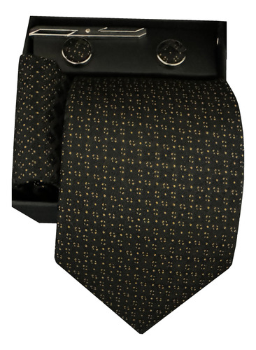 Corbata Negro Dorado Kit Con Pañuelo Gemelos Y Pisa Corbata