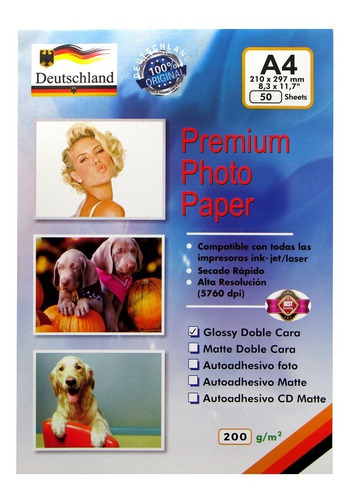 Papel Fotográfico A4 Glossy Doble Cara 200 Gr. 50 Hojas