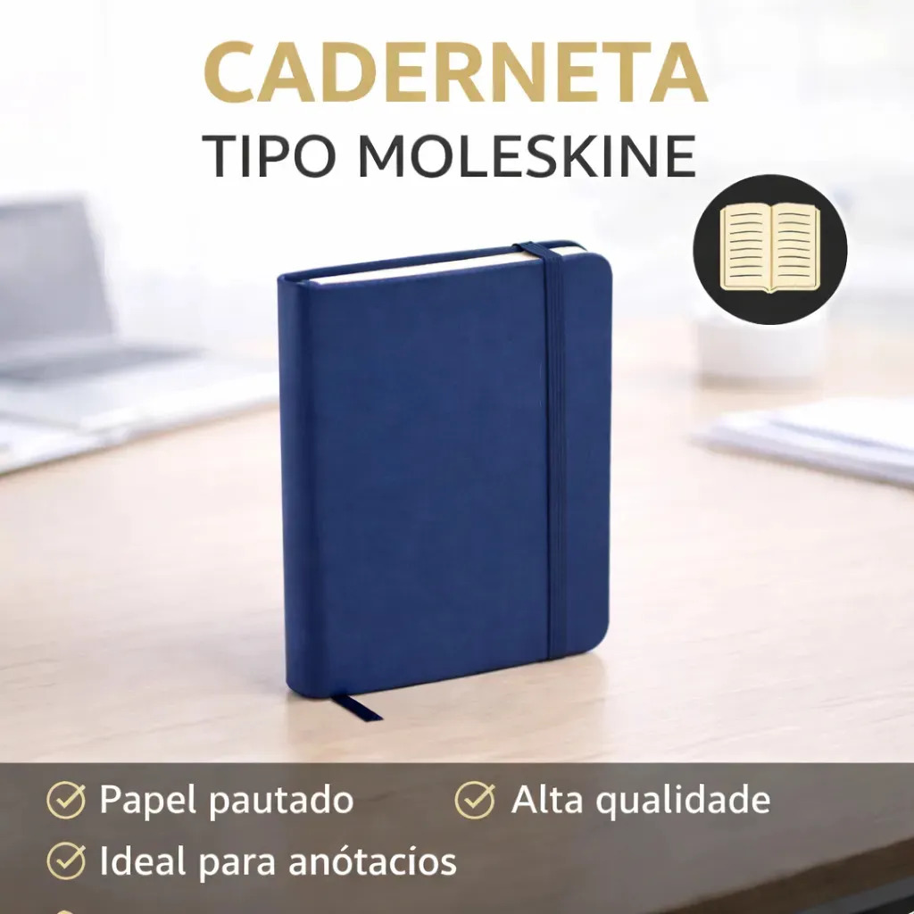 Caderneta Papelaria da Mari Executiva Azul, A5 com 80 Folhas Pautadas em Couro