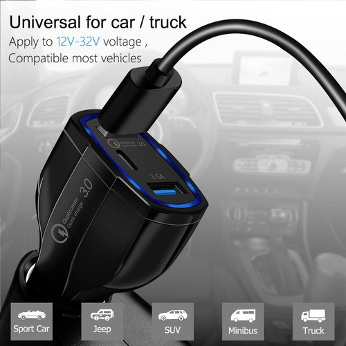 Cargador Usb De Auto Carga Rapida 2 Puertos 1 Tipo C Qc 3.0®