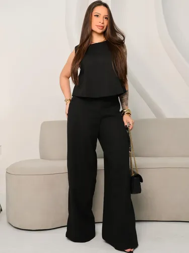 Conjunto Alfaiataria Calça Pantalona E Cropped Linho