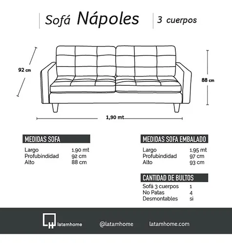 Sofa Napoles 3 Cuerpos Cuero Kentucky - Latam Home