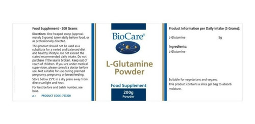 Imagen 3 de 7 de Biocare - L-glutamina En Polvo 200gr