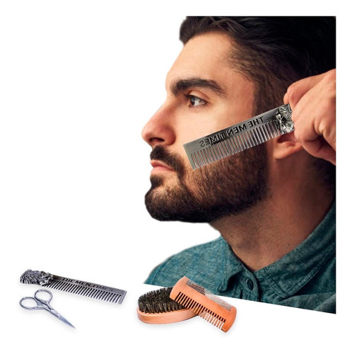Kit X4 De Grooming Cuidado De Barba Cepillo Cerdas Naturales