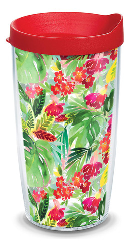 Vaso Aislado Flor Tropical Envoltura Tapa Roja 16 Onza