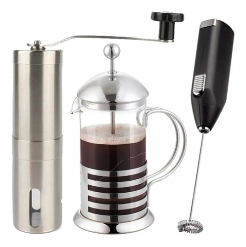 Molinillo Grano Café + Cafetera Embolo 600ml + Batidor 