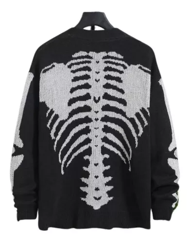 Leve Tortuga santo Sweater Esqueleto Calaveras Suéter Huesos Blanco Negro Botón