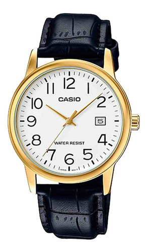 Reloj pulsera Casio MTP-V002 con correa de cuero color negro - fondo blanco - bisel dorado