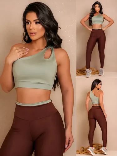 Conjunto Fitness Top Nula Manga E Calça Academia Bicolor Marrom M (40)