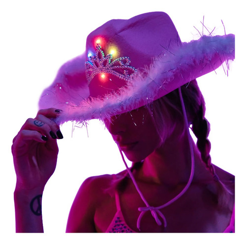 Sombrero Vaquero Con Luces Y Plumas Moda Cowboy Mujer Fiesta