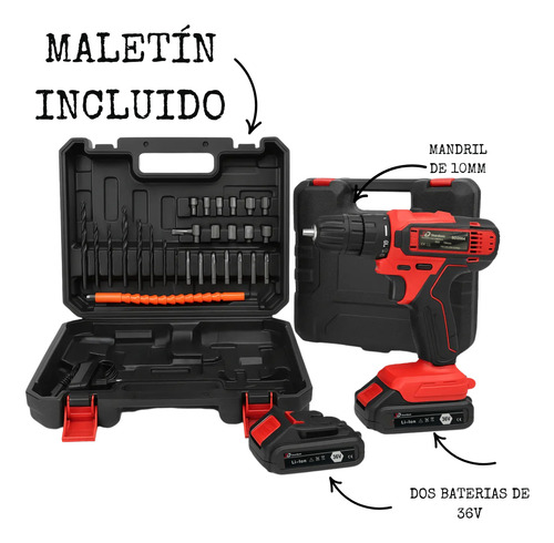 Taladro Atornillador Percutor 2 Baterias 36v Con Maletin Rojo 50hz / 60hz