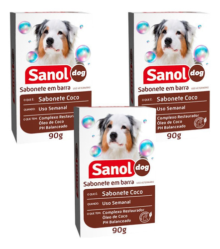 Kit 3 Sabonete Em Barra Coco Sanol Dog Para Cães E Gatos 90g