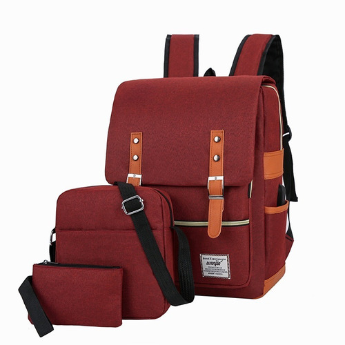 Mochila Juego De 3piezas Bolsa De Portátil Con Cargador Usb Color Vino Rojo