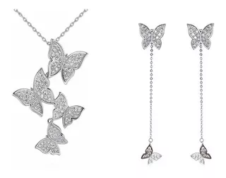 Juego Cadena Pendientes Aretes Mariposa Set Plata