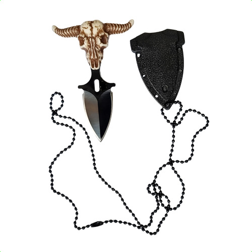 Mini Faca Push T Dagger Fulltang + Corrente Adaga Cabeça Boi Cor Preto