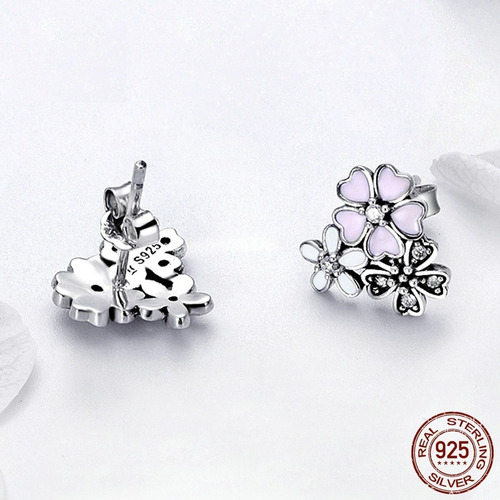 Aros De Plata 925 Con Circones - Bello Diseño De Flor Cerezo