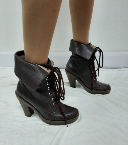 Botas Borcego Cuero Chocolate Taco Alto Cordon Talle  37