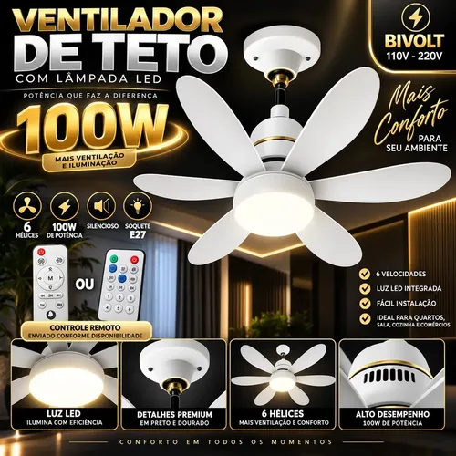 Novo Ventilador Teto 100W 6 Hélices com Controle Ajustável Bivolt E27 Lâmpada Led Silencioso
