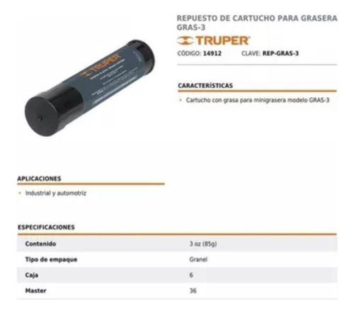 Cartucho Repuesto C/grasa 3 Oz. (85g) Truper Rep-gras-3