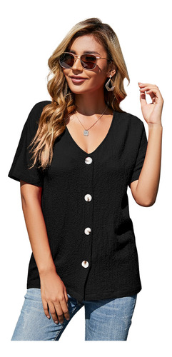 Blusas Casual Dama Mangas Cortas Botones Con Cuello En V