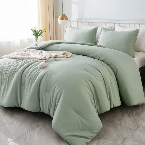 Litanika King Size Edredón Set Verde Salvia, 3 Piezas Boho B