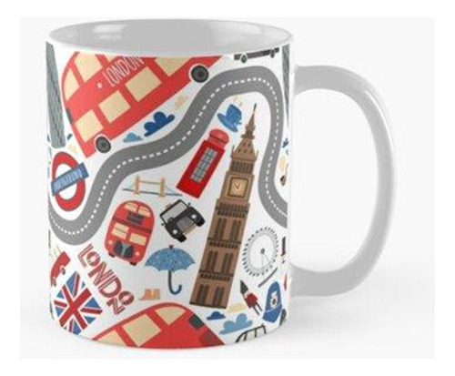 Taza Londres Doodles Patrón. Autobús Rojo, Noria, Taxi Negro