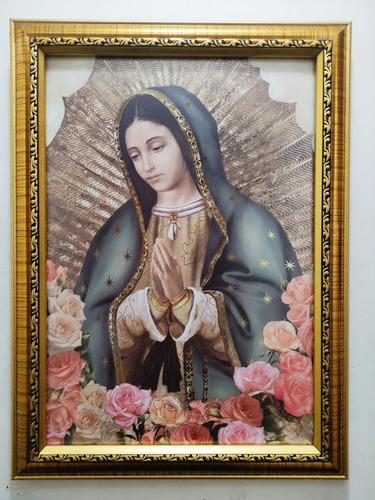 Virgen De Guadalupe Perfil Con Rosas En  Dorado B 44 X 32 Cm