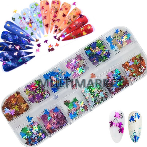 12 Apliques Glitter Hojas De Arce Decoración Uñas Nail Art