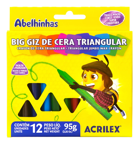 12 Cxs Giz Cera Grosso Big Triangular 12 Cores Jumbo Atacado