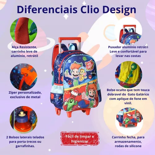 Kit Mochila Rodinha + Lancheira + Estojo Gato Galáctico