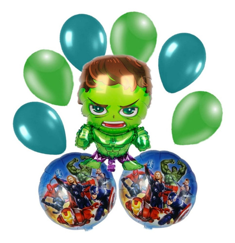 Set Globo Metalizados Hulk Avenger+esféricos+latex X 9 Und