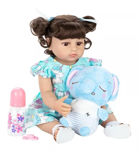 Bebê Reborn Toda de Silicone 55cm + Bichinho de pelúcia e Acessórios