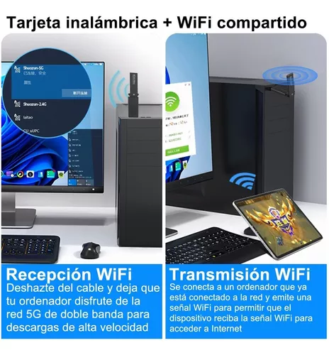 Adaptador inalámbrico USB WiFi para PC, AC1300Mbps USB 3.0 Dongle  inalámbrico WiFi 2.4G/5G Adaptador de red de doble banda Adaptador  inalámbrico para