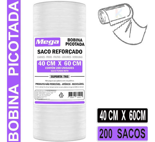 Bobina Picotada 40x60 C/ 200 - Saco Plastico Reforçado
