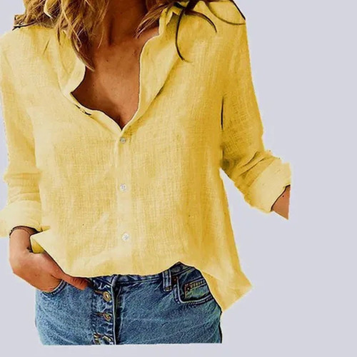 Blusa De Lino Y Algodón De Manga Larga Talla Grande