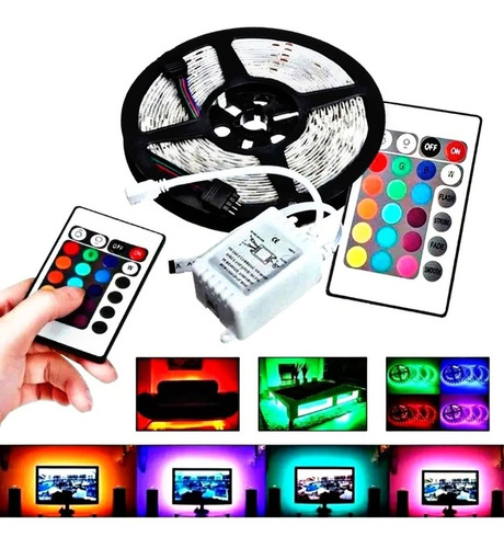 Imagen 2 de 4 de Pack Tiktok: Cinta Led Colores 5mt + Control Rgb + Adaptador