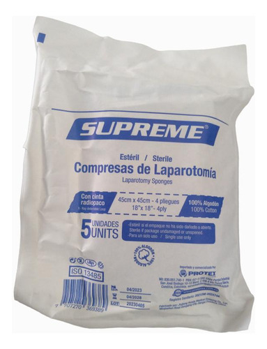Compresa Gasa Estéril Laparotomía 45x45x4 Supreme Paqx5und