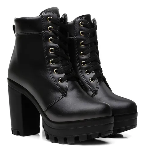 Bota Coturno Feminino Salto Grosso Tratorado Cano Curto