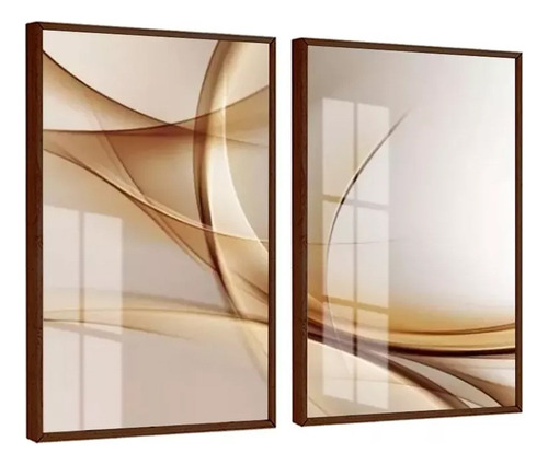 Kit Quadro Decorativo Traços Marrom Abstrato Com Vidro 60x80