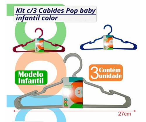Kit 3 Cabides Infantil Popbaby Color Enxoval Bebê A Criança