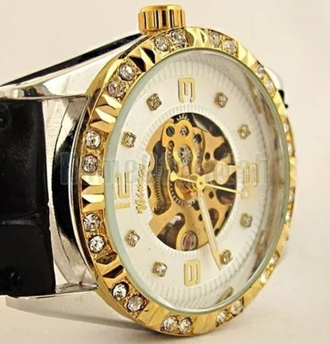 Relógio De Luxo Skeleton Feminino Strass Dourado Winner