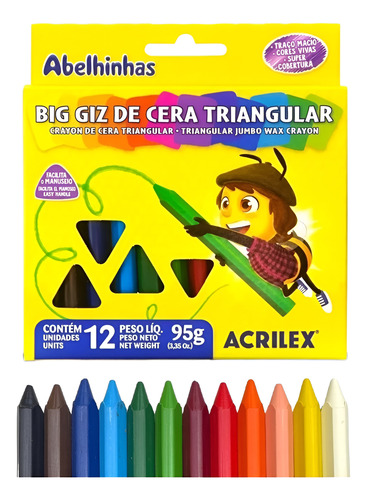 12 Cxs Giz Cera Grosso Big Triangular 12 Cores Jumbo Atacado