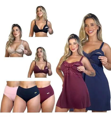 Kit Amamentação 2 Camisola + 3 Sutiã + 3 Calcinha Pós Parto